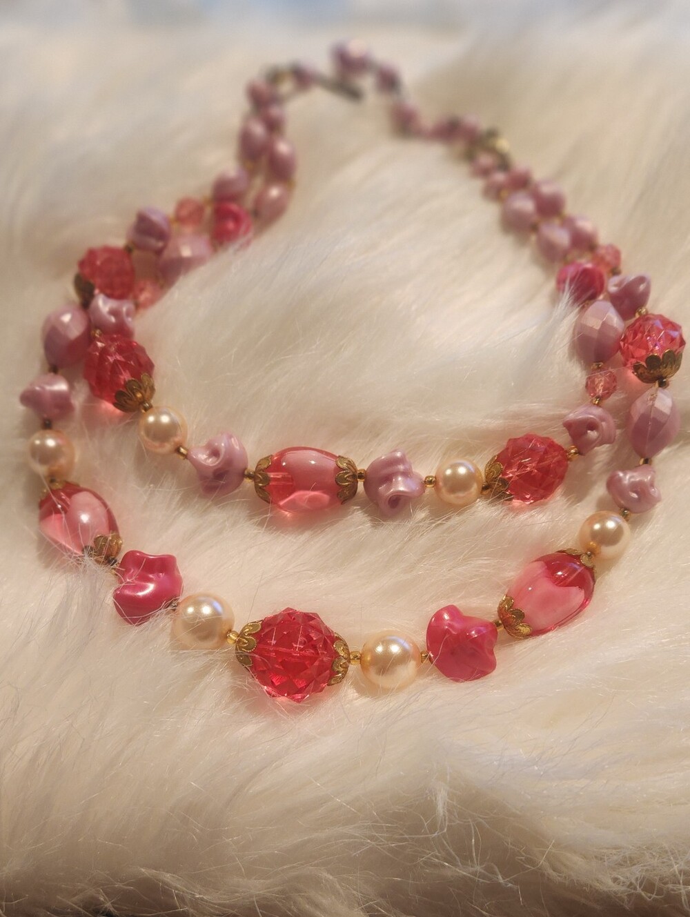 Vintage 1950s West Germany Multi-Strand Choker Necklace Pink Lucite Glass Beads - Picture 2 of 2